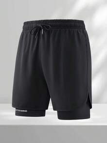 Men's 2-In-1 Shorts, 1pc, Drawstring Design With Printed Pattern, Comfortable Fabric, With Pockets, Suitable For Sports And Outdoor - Black - View 4