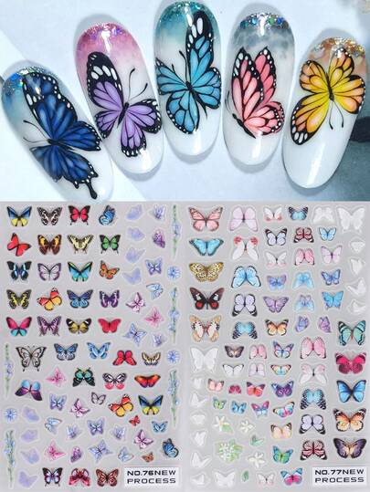 2 piezas Pegatinas de uñas 3D de mariposas coloridas azul, púrpura, verde, rosa, naranja Mariposas primavera verano 3D autoadhesivas Calcomanías DIY Y2K Decoración de uñas Accesorios de manicura Herramientas Suministros para uñas