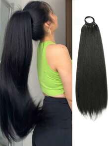 24 Inch Braided Straight Ponytail, Synthetic Extensions Made Of Polyester Fiber, With Elastic Bands Wrapped Around The Hair, Available In Various Colors. Suitable For Women To Wear In All Seasons And Can Also Be Used As Daily Accessories.,Festival,Party - Natural Black - View 13