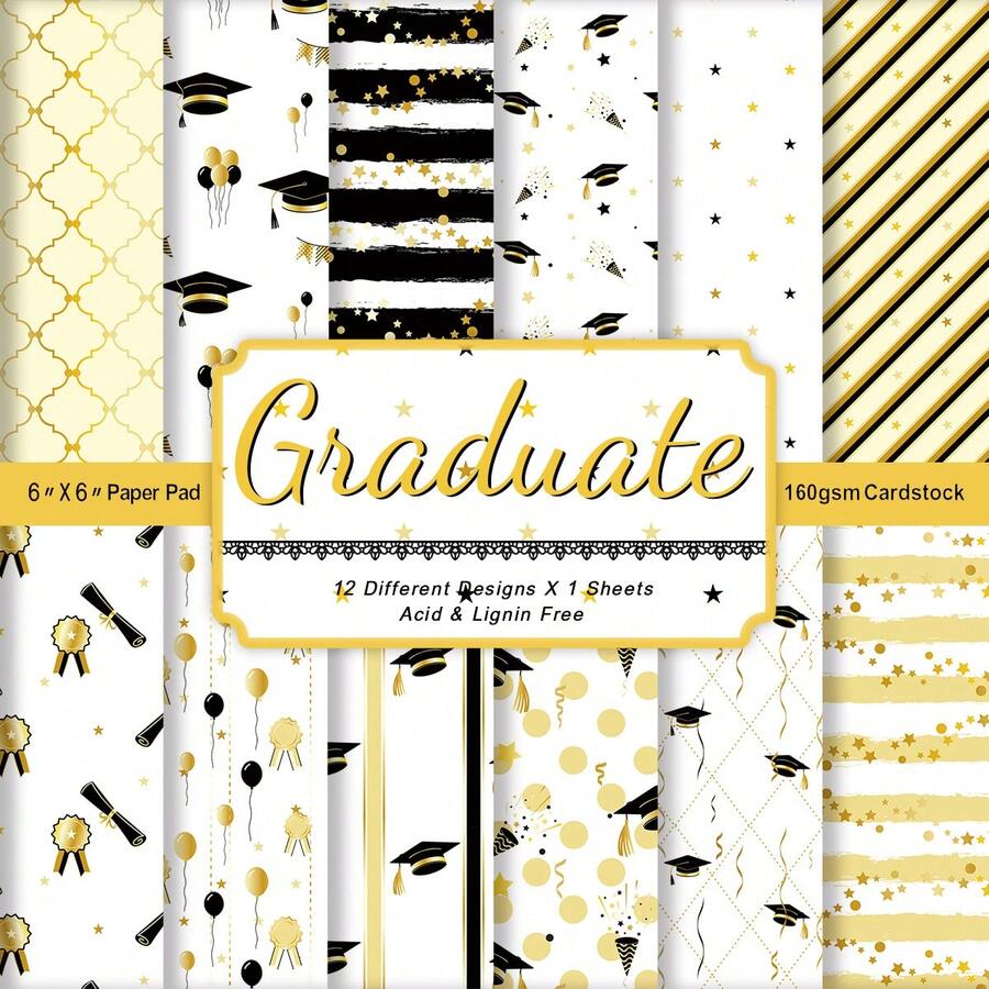 12pcs Graduation Theme Scrapbook Paper Pad, 6X6 Inches Decorative Craft Paper With Graduation Cap Pattern For Card Making, Origami & Photo Album Decor, Scrapbooking Supplies - B - View 1