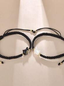 天然月光石黑曜石手链套装 2 件套 简约手工黑白猫咪饰品 派对礼物 - 黑與白 - 查看 5