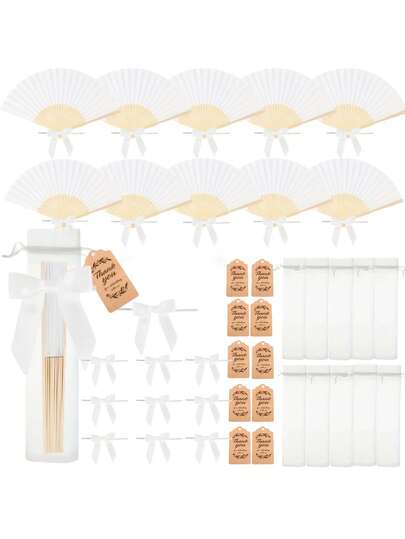 White Wooden Folding Fan Set With Thank You Tag - Ideal For Weddings, Bridal Showers, Birthdays, Home Decor, Fan Decorations, Romantic Party Favors, Wedding Gifts | Elegant Fan Design | Fan
