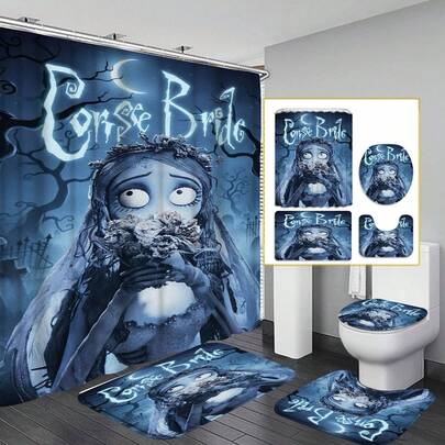 "Emily" Theme Bathroom Set From "Corpse Bride": Gothic Graveyard Style Waterproof Shower Curtain And Bath Mat Set. The Set Includes A Waterproof Shower Curtain (With Hooks) And Non-Slip Bath Mat, Suitable For Master Bathrooms, Guest Bathrooms, Or Dorms. This Is An Ideal Gift For Gothic Decor Enthusiasts, Halloween, Or Housewarming Occasions.