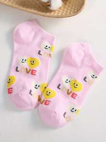 5 Pairs Heart & Letter Print Cartoon Smiling Face Shallow Mouth Socks, Breathable Thin Ankle Socks For Women, Summer - Multicolor - View 3