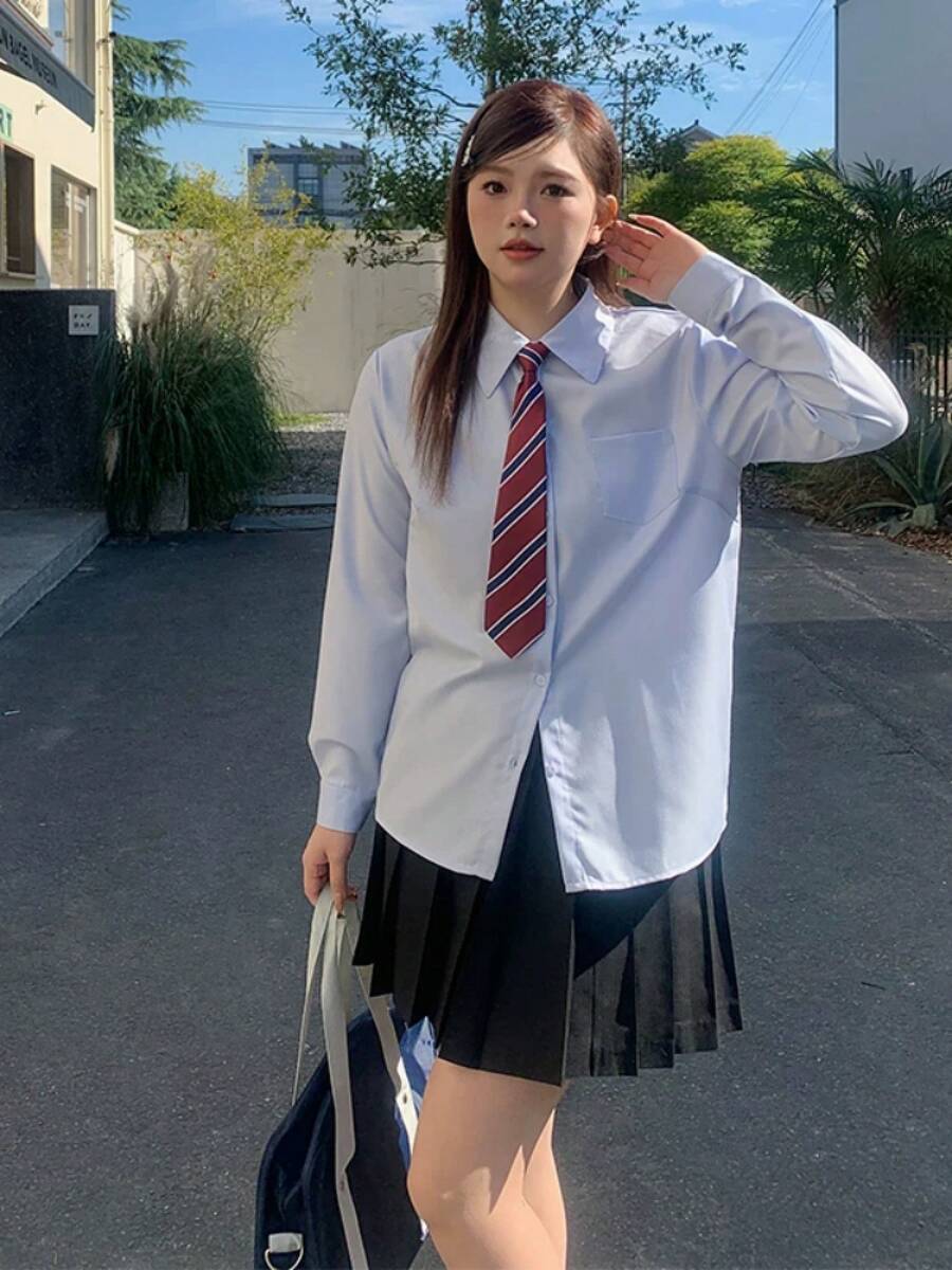 Women's Long-Sleeved Shirt, Regular Collar, Solid Color, With Pocket, Comes With A Striped Tie Set, Slim Fit, Flattering Silhouette, Light Blue, Casual, Office, School, Daily Wear, Date, Spring, Summer, Autumn, Winter, Easy To Wear. - Blue - View 1
