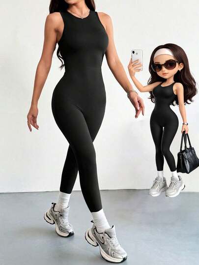 AITYI Studio Women's Jumpsuit, Well-Fitted Casual Fashionable Sexy Minimalist Slim-Fit Outdoor Street Y2K, Suitable For Graduation, Back To School, Christmas, New Year, Thanksgiving, Autumn/Winter Elastic Knit Sleeveless Jumpsuit