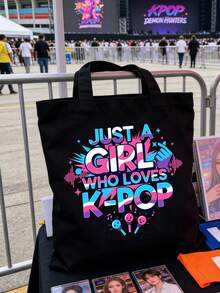 帆布手提袋，印有“Just A K-Pop Lover Girl”字样，大容量K-Pop粉丝单肩包，粉丝周边礼品，通勤购物袋，可折叠休闲杂货袋，适合音乐爱好者，适用于旅行、演唱会、粉丝活动、派对、工作、日常使用，粉丝礼物，韩剧粉丝的理想生日礼物，大学生，偶像周边，节日礼物，演唱会礼物 - 彩色 - 查看 9