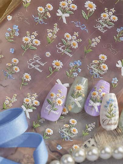 1片5D立体雏菊花束美甲贴纸，春日清新蓝白花卉蕾丝蝴蝶结美甲装饰贴纸，复古美甲配件