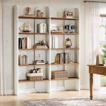 LITTLE TREE 70.87-Inch Tall Bookshelf, 5-Tier Double Wide Bookcase With Open Shelves, Farmhouse Vintage Floor Standing Book Shelf Display Storage Shelving Unit For Home Office Bedroom Study, White - Trắng và Nâu - Xem 3