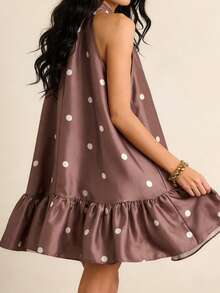 Women Summer Halter Neck Sleeveless Mini Dress Mock Neck Satin Ruffle Hem A Line Party Club Dresses - Brown - View 3