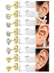 8 piezas Kit de perforación de orejas desechable con pistola de perforación, kit de perforación de orejas con aretes de circonita cúbica de 4 o 6 puntas, con bolas de 3 mm de diámetro, herramienta de perforación de orejas color dorado - Multicolor - Ver 1