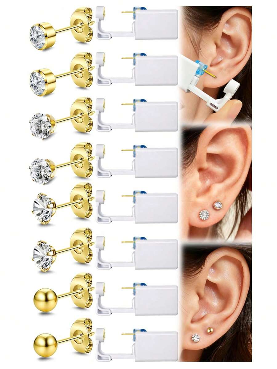 8 piezas Kit de perforación de orejas desechable con pistola de perforación, kit de perforación de orejas con aretes de circonita cúbica de 4 o 6 puntas, con bolas de 3 mm de diámetro, herramienta de perforación de orejas color dorado - Multicolor - Ver 1