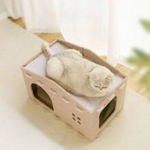 Cama y tabla rascadora plegable de fieltro 2 en 1, casa cerrada para gatos adecuada para gatos pequeños y medianos - Multicolor - Ver 3