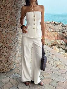 PoPoHouse Women's Elegant Two Pieces Set Sexy Backless Strapless Button Down Top & Loose Wide-Leg Pants Daily Casual Office Commute Summer Beach Vacation Going Out Outfit White Set - White - View 5
