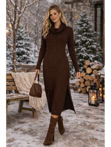 Midi Dress With A Cowl Neck, Long Sleeves, Side Slits, Knit Fabric. - Rust Brown - View 5