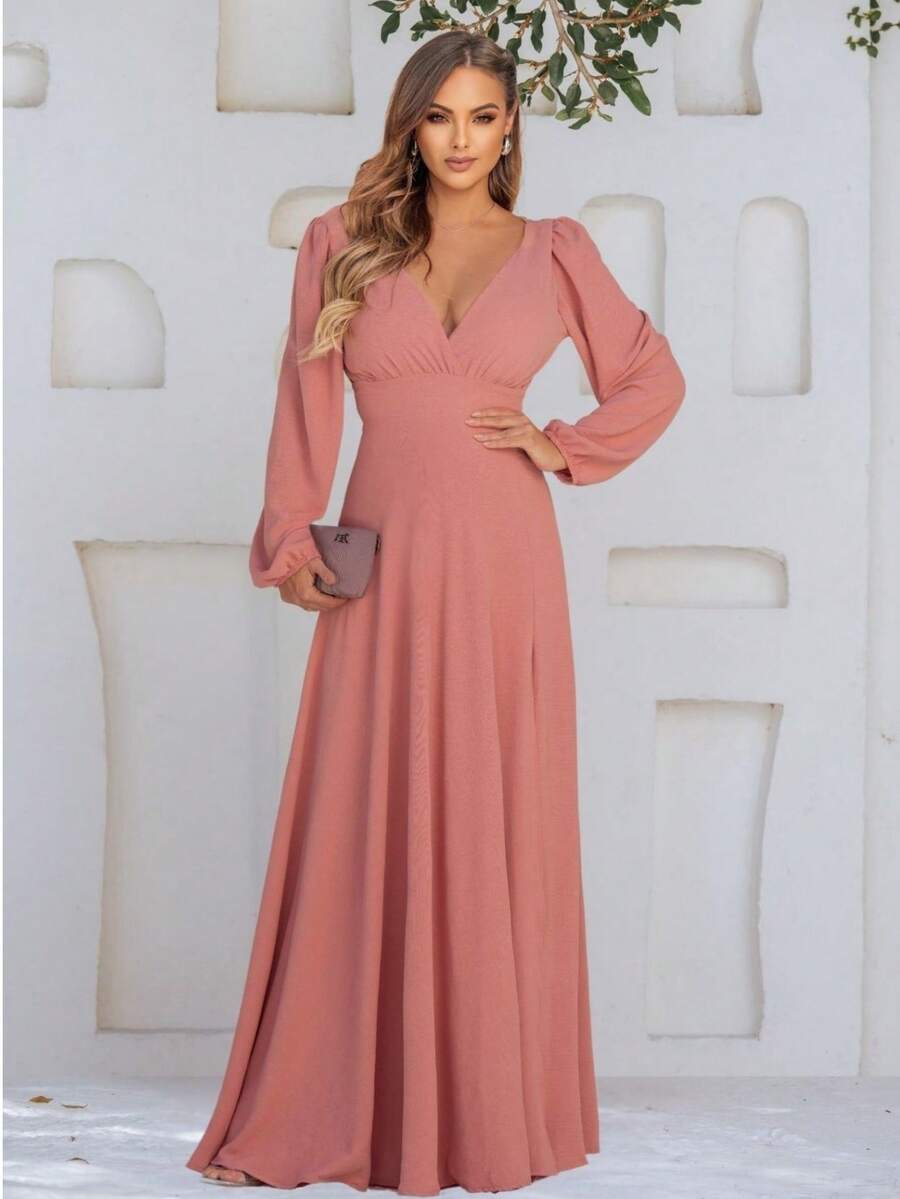 Long Rose-Colored Party Dress With Wrap Neckline And Long Sleeves - Helena NM Nana Marie - 乾枯玫瑰色 - 查看 1