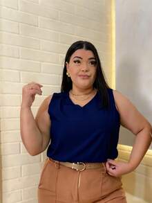 Plain Tank Top, Sleeveless Blouse, Plain Crepe Fabric, With 4 Buttons, Plus Size G1G2G3 46-52, Casual Women's - 62-海軍藍 - 查看 2