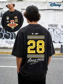Disney Officially Licensed  Mouse X F1 "Number 28 Racing" Double-Sided Vintage Washed 230g T-Shirt Unisex - Black - View 1