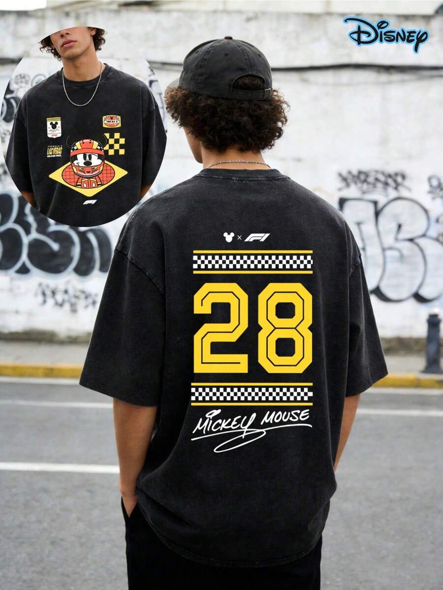Disney Officially Licensed  Mouse X F1 "Number 28 Racing" Double-Sided Vintage Washed 230g T-Shirt Unisex - Black - View 1