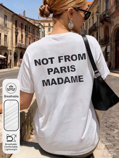 大码女式日常非巴黎制造标语图案圆领短袖休闲夏季女式上衣，趣味标语图案时尚百搭女式白色T恤