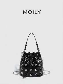 女士铆钉水桶手提包、手提包、单肩包、斜挎包、晚装手包 - 酒紅色 - 查看 1