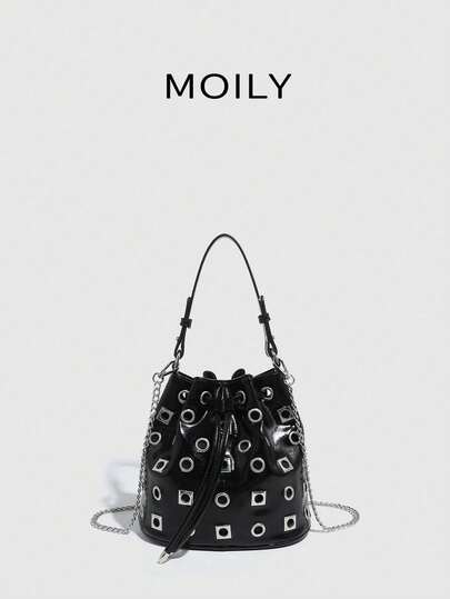 女士铆钉水桶手提包、手提包、单肩包、斜挎包、晚装手包