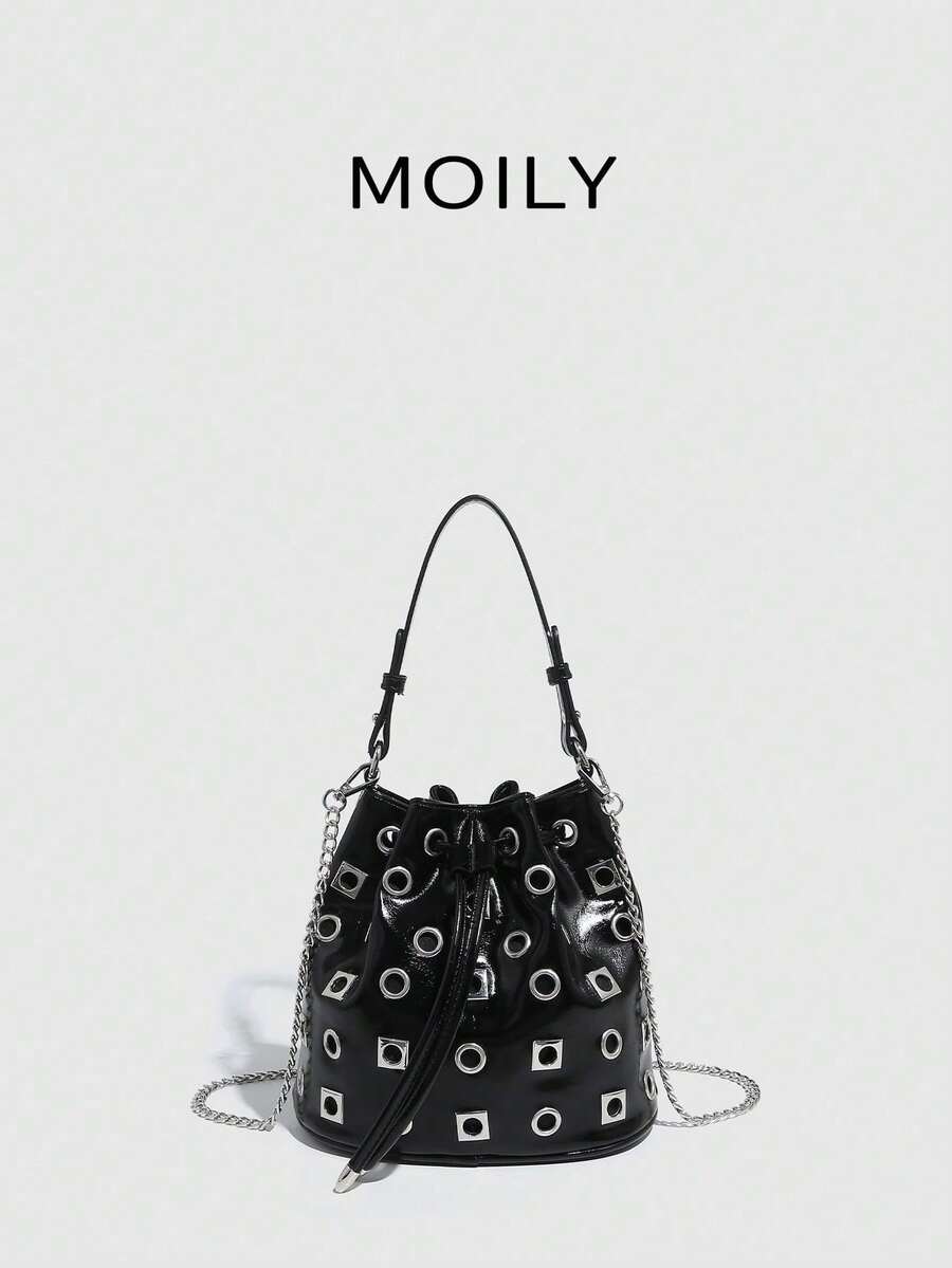 女士铆钉水桶手提包、手提包、单肩包、斜挎包、晚装手包 - 酒紅色 - 查看 1