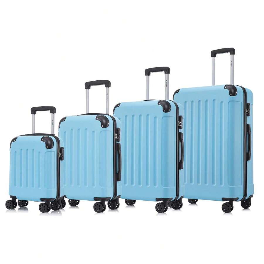 YONSLY 4-Piece Wheeled Suitcase Set With 360° Wheels, Combination Lock, Robust Double Zipper, Mesh Pocket, Soft Rubber Handle, 16/20/24/28 Inch Trolley Suitcase, Hard Shell Carry-On Luggage Set (4-Piece Set, S, M, L & XL) - 淺藍 - 查看 1