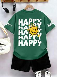 两件套男童“HAPPY”字母及人脸印花圆领短袖T恤+卡其色休闲裤，夏季新款套装 - 彩色 - 查看 4