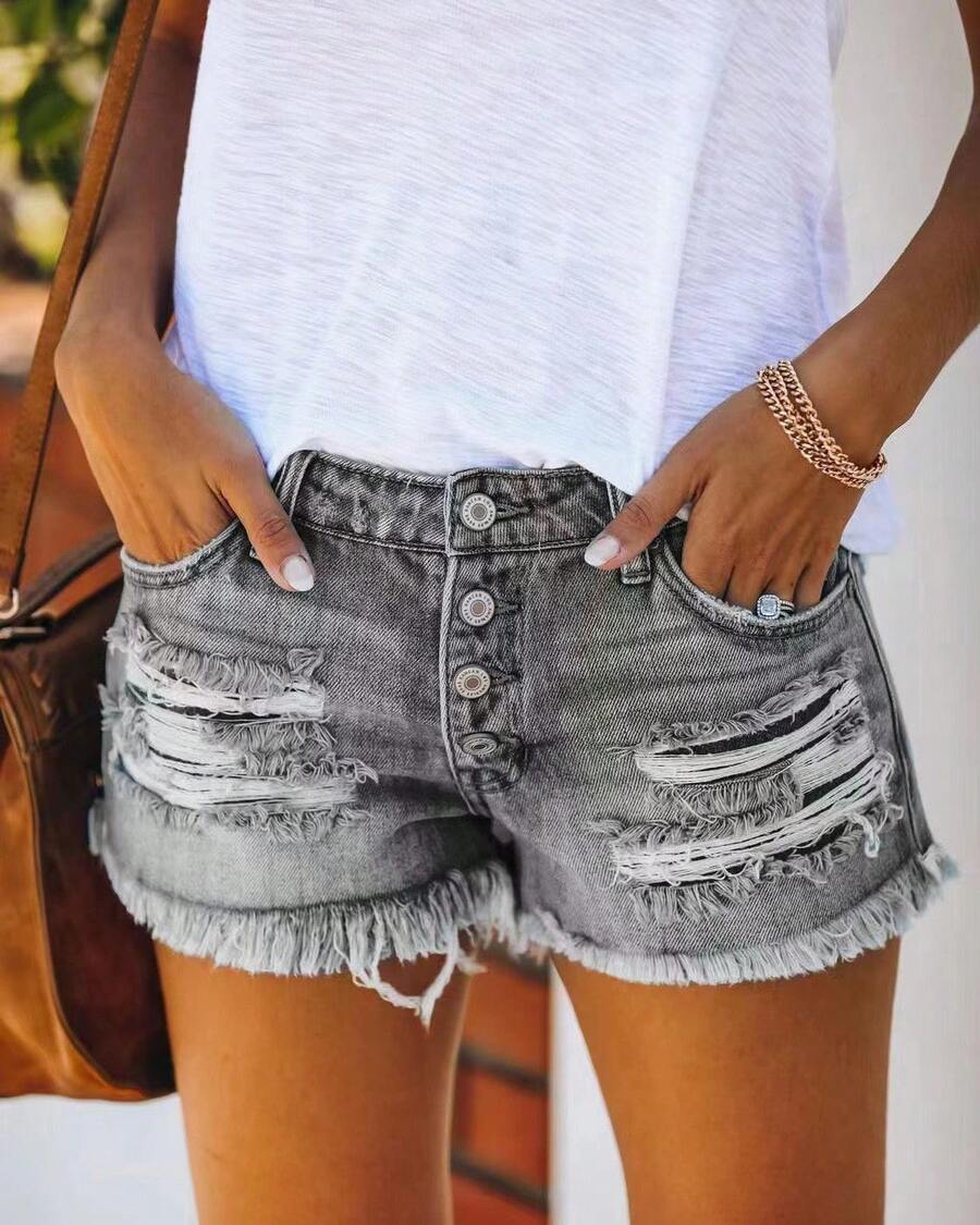 2026 Women Denim Shorts High Waist Ripped Jeans With Tassel Decoration Straight Buttons European American Style Summer Casual Fashion - Xám - Xem 1