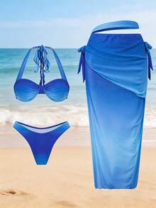 女士休闲蓝色渐变细肩带露背比基尼泳装套装，高弹半透明泳装，适合度假海滩夏季穿着 - 彩色 - 查看 7