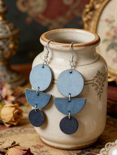 复古渐变牛仔蓝三层圆形耳环，小众设计长款垂坠耳环