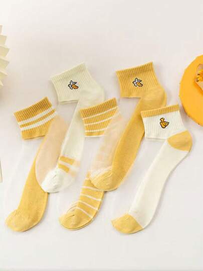 5双装女士薄款袜子，适合春夏穿着，韩版透明水晶丝绸低帮透气网眼踝袜