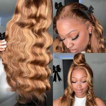 ZHENDEFA 4/27 渐变蜂蜜金棕色隐形绑带360°蕾丝前假发，真人发抽绳挑染水波纹蕾丝前假发，真人发预拔毛隐形绑带360°高清透明蕾丝假发，200%密度，女士无胶假发 - S4/27 - 查看 6