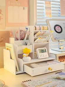 1 pieza Organizador de escritorio DIY para portalápices y almacenamiento, organizador de papelería de oficina multifuncional, taza de madera y plástico de gran capacidad - Multicolor - Ver 5