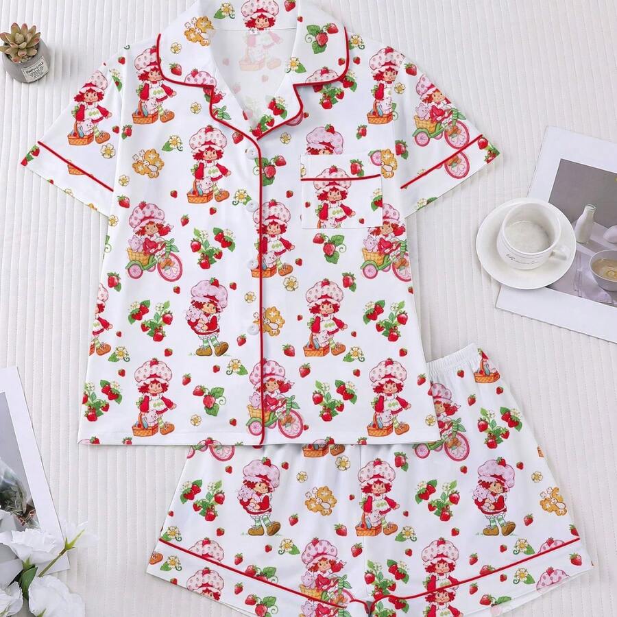 Women's Sleepwear And Home Wear, Soft Sleep Tops And Casual Shorts With Pockets, Patterned Printed Lapel Short Sleeved Shorts, All Season Use - 粉色 - 查看 1