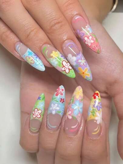 24-Piece Colorful Flower Nail Set, Long-Pointed Fake Nails, Spring And Summer Energetic Y2K Style, Nude Base With Colorful Flower Patterns, Glossy And Shiny Design, Pointed Nails, Nail Decorations, Suitable For Women's Dates, Parties, Festival Celebrations And Other Occasions!