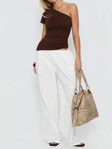 New Fashionable Elegant Solid Color Asymmetric Hem Ruched Waist Knit Top, Suitable For School, Vacation, Daily Wear, Date Casual Summer - Coffee Brown - View 5