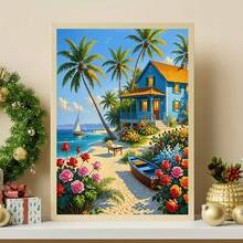 Bộ tranh đính đá 5D tự làm hình phong cảnh hoa lá nhà tranh ven biển, 1 bộ, [30*40cm/11.8*15.7in] [40*50cm/15.7/19.7in], Thích hợp cho người lớn mới bắt đầu tự làm tranh khảm đá, tranh thủ công đính đá toàn bộ, trang trí tường cho phòng khách, phòng ngủ, văn phòng, quà tặng bất ngờ cho gia đình và bạn bè, không khung. - Không có khung - Xem 7