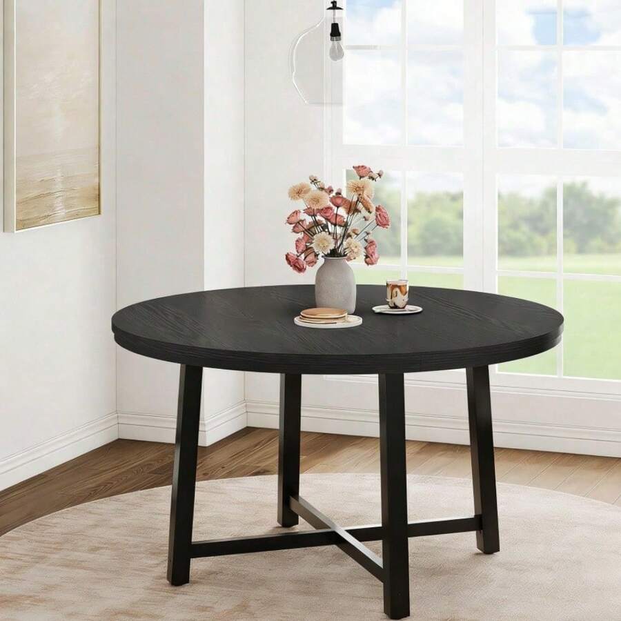 Mesa de comedor redonda 47 pulgadas para 4 - Mesa de cocina ahorro espacio con marco de metal resistente y madera superior, para pequeño comedor y apartamento. - Negro - Ver 1