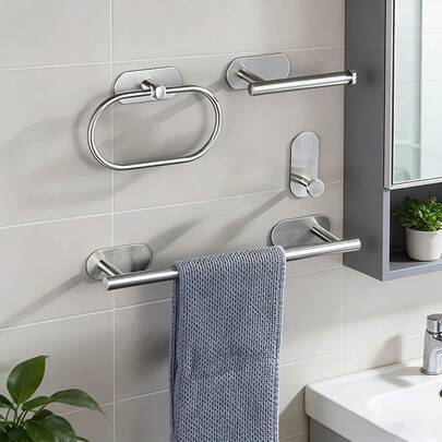 4pcs/Set Bathroom Accessories Set, Stainless Steel Towel Bar, Towel Ring, Toilet Paper Holder, Hooks, Minimalist Design, Easy To Clean, Strong Load-Bearing, No Drilling Installation, Suitable For Modern Bathroom Style