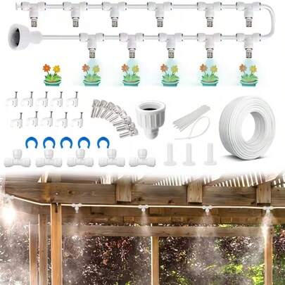 Low Pressure Courtyard Garden Sprinkler System (Including Copper Nozzle) - Outdoor Cooling Watering Set, Quick Connect Nozzle, Suitable For Terraces And Lawns - Easy To Install, Irrigation System