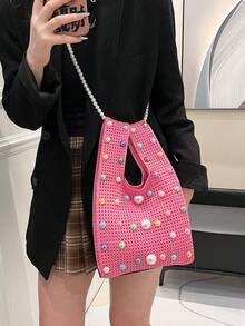 1 pieza Bolso de mano de ganchillo con perlas de moda, adecuado para fiestas, banquetes, viajes diarios, puede contener teléfono, espejo, llaves, lápiz labial, billetera, ideal para Navidad, Día de la Madre, regalo de cumpleaños - Multicolor - Ver 7