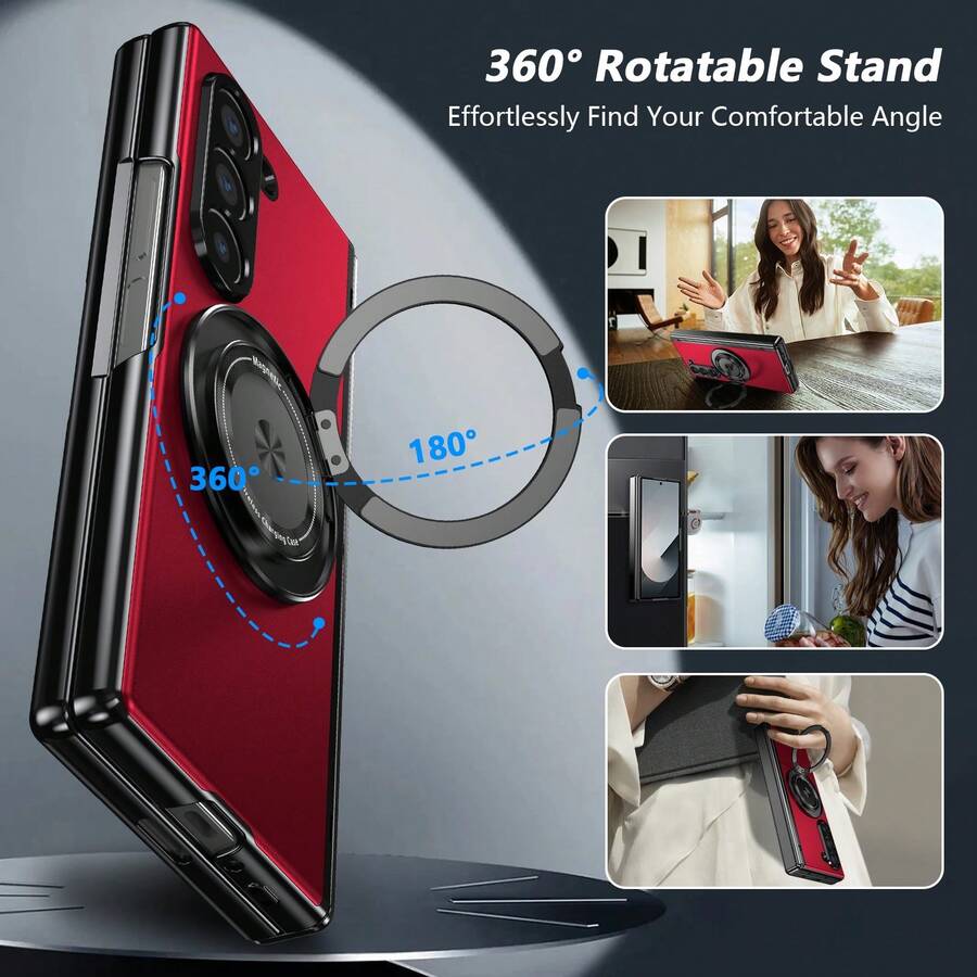 Ốp lưng điện thoại có vòng từ tính xoay 360°, tương thích với Samsung Galaxy Z Fold 7 6 5 4, kèm miếng dán bảo vệ màn hình và ốp bảo vệ bản lề. - Đỏ - Xem 1