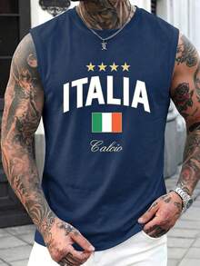 Fractyr 男士时尚休闲运动“ITALIA Calcio”和意大利国旗印花无袖T恤 | 足球迷服装 | - 藏蓝色 - 查看 1