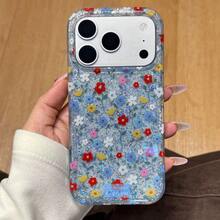 Funda de teléfono con pintura estética de flores coloridas de principios de primavera, compatible con iPhone 17 Pro Max, 16 Pro New, 17, 14 Pro, 15 Pro, cubierta de teléfono a prueba de golpes de doble capa con brillo creativo - Azul - Ver 2