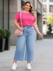 Plus Size Short Batwing Sleeve Blouse With Round Neck And Rhinestone Detail - Casual Chic Fabric - Comfortable Knit - Perfect For Everyday Urban Wear - 玫紅色 - 查看 5