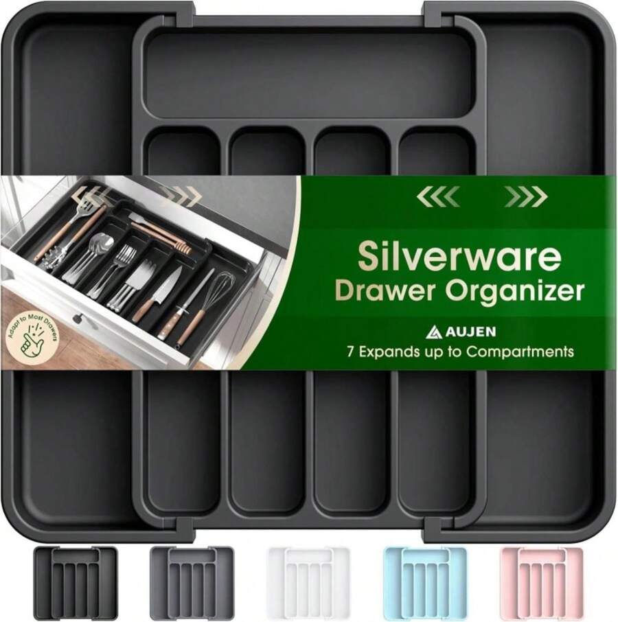 Aujen Silverware Organizer - Expandable Kitchen Drawer Organizer, Adjustable Utensil Organizer, Cutlery Tray For Forks, Knives, Multipurpose Kitchen Organizers And Storage Solution, Black, Medium - ColorA - 查看 1