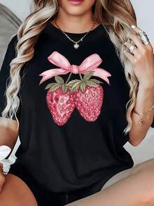 Dos fresas unidas por un lazo rosa simbolizan ternura alegría y amor por los pequeños placeres de la vida resaltando una energía dulce y positiva camiseta de mujer casual cómoda 220g - Negro - Ver 8