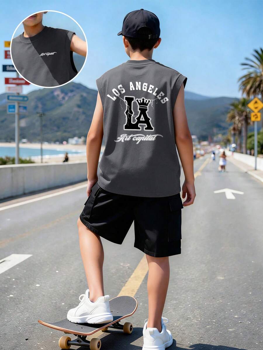 青少年男孩休闲简约洛杉矶“LA”字母印花无袖背心+工装裤春夏舒适新款套装 - 深灰色 - 查看 1